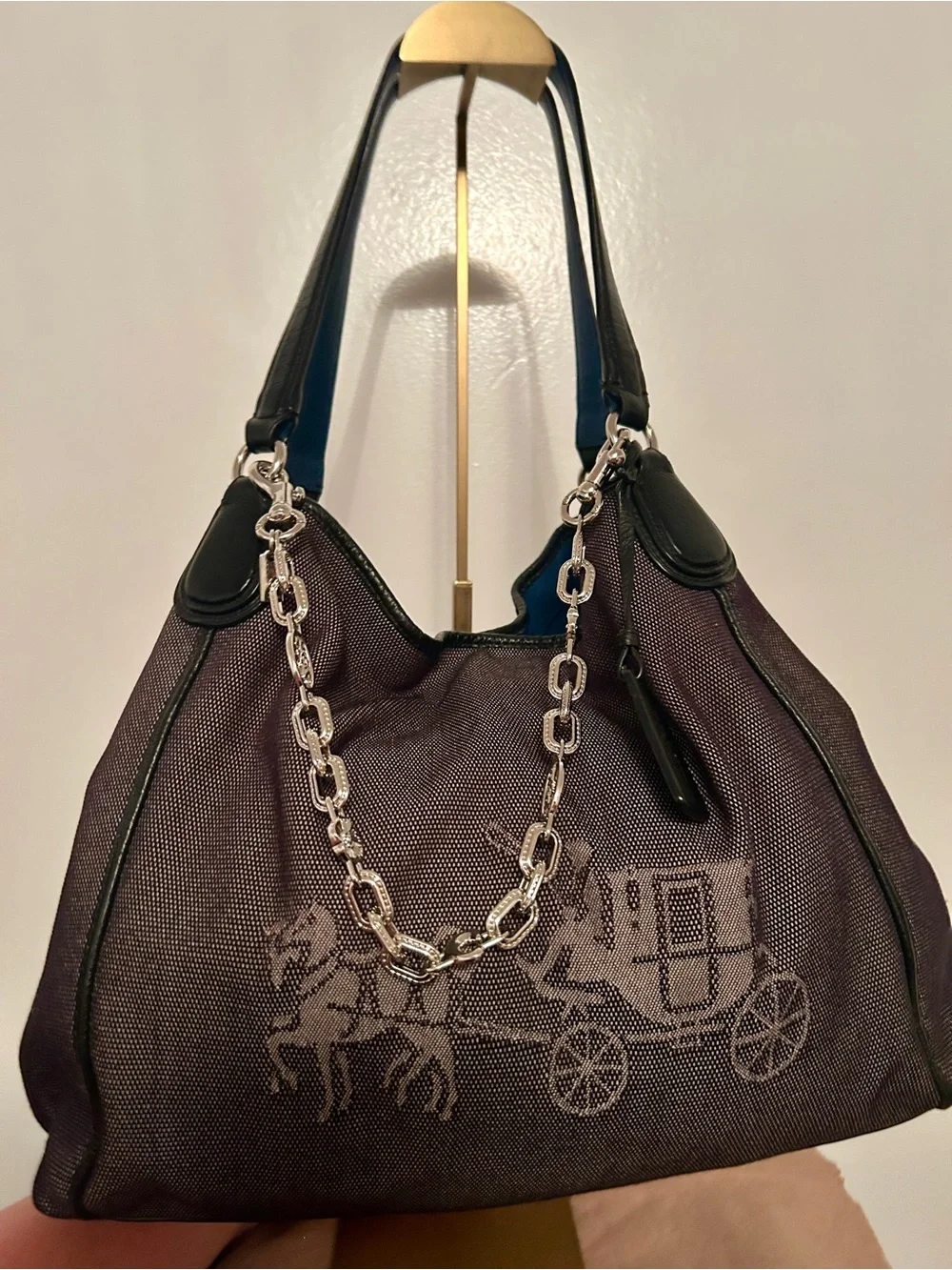 Coach Edie 31 Black & Blue Needlepoint Canvas Horse & Carriage Shoulder Bag EUC